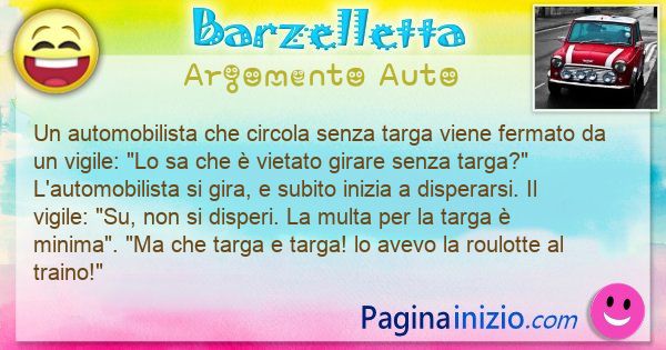 Barzelletta argomento Auto: Un automobilista che circola senza targa viene fermato da ... (id=3328)